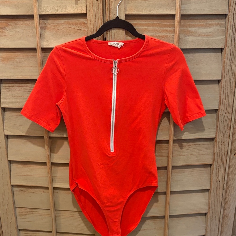 Frame Denim Neon Orange Short-Sleeve Zip-Front Bodysuit